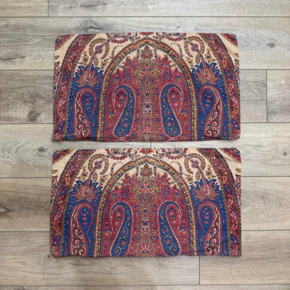 Pottery Barn Vintage Paisley Lumbar Pillow Covers Set of 2 Red Blue Cotton 16x26